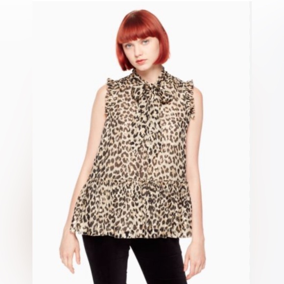 Kate Spade Silk Leopard Print Clipped Metallic Dot Blouse Tie Neck Size L - Picture 2 of 9